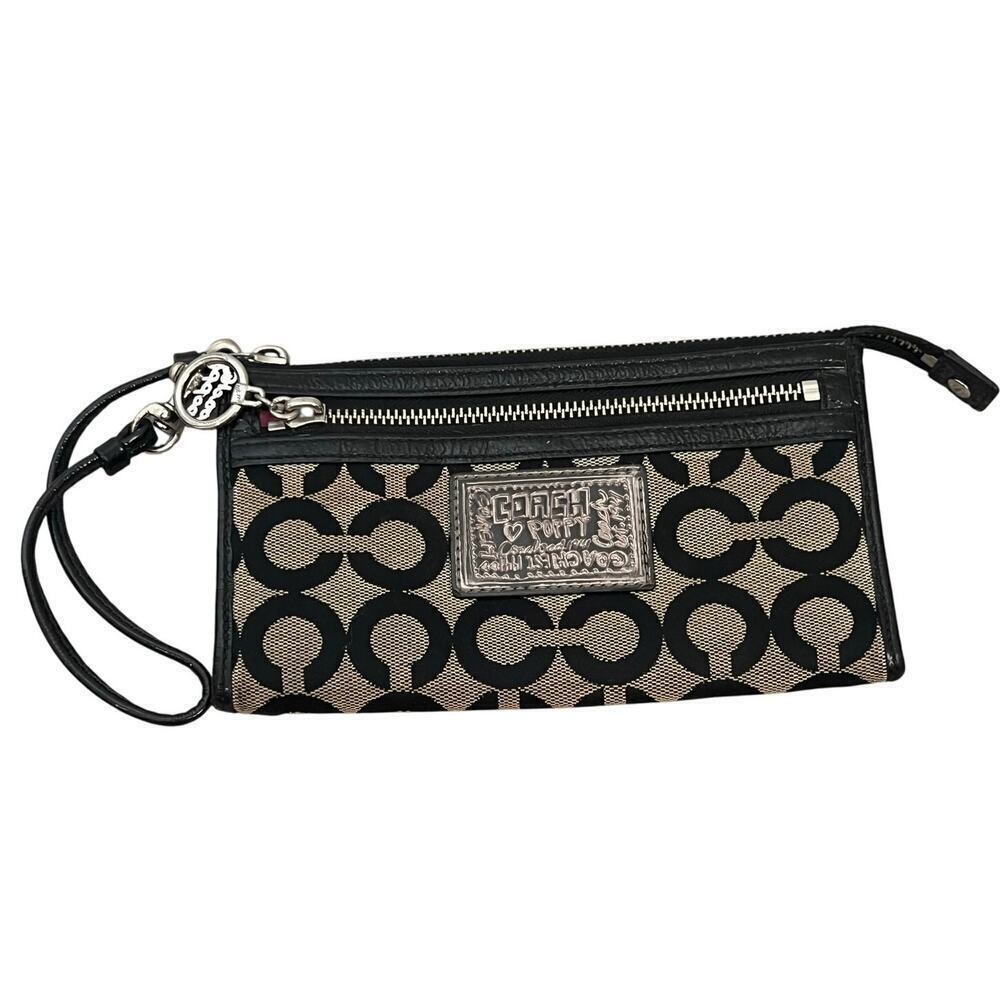 Coach Poppy Jacquard Signature C Print Wristlet Wallet Tan Black - Picture 1 of 8